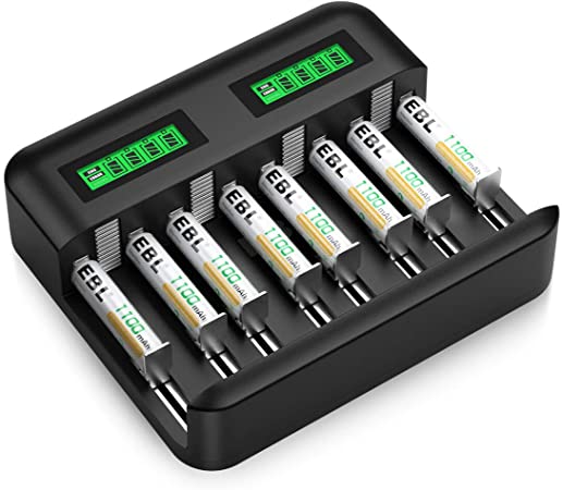 EBL LCD Battery Charger with Type C Input for AA AAA C D Ni-MH Rechargeable Battery - 1100mAh AAA Battery x 8, Intelligent 8 Slots Battery Charger and AAA High-capacity Rechargeable Batteries Set