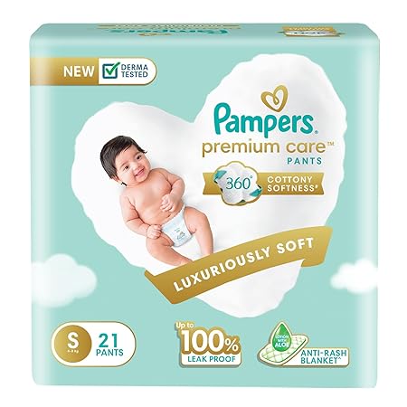 Pampers Premium Care Pant Style Baby Diapers, Small (S), 21 Count, All -in-1 Diapers with 360 Cottony Softness, 4-8 Kg Diapers