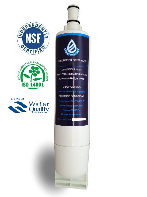 Clearwasser Whirlpool 4396508 Compatible Refrigerator Replacement Water Filter. Also Best for Kenmore 46 9010, Kitchenaid 4396509, EDR5RXD1. Labels included reminding to change Ice Maker cartridge