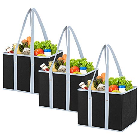 MaidMAX Reusable Grocery Bags, Collapsible Grocery Organizer with Reinforced Bottom, Foldable, Black, Set of 3