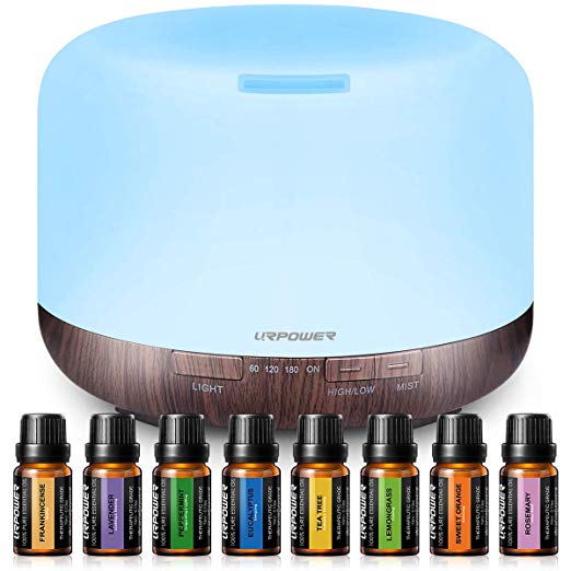 URPOWER 500ml Essential Oil Diffuser with 8 Bottles 100% Pure Essential Oils, Oil Diffuser Essential Oils Cool Mist Humidifier with 7 Color LED Light, Therapeutic Grade Essential Oils Set, 8x10ml