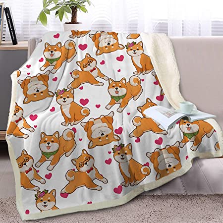 Blessliving Cute Watercolor Dogs Pattern Fleece Blanket Shiba Inu Puppy Sherpa Reversible Throw Animal Print Plush Blanket (Throw, 50 x 60 Inches)