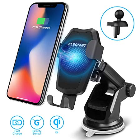 ELEGIANT Wireless Car Charger Mount, 2 in 1 Car Air Vent &Dashboard Universal Phone Holder Qi Fast Wireless Charger with Gravity Sensor for iPhone Xs/X /8/8 Plus Galaxy S9/S9 ,S8/S8 ,S7/S7 Edge