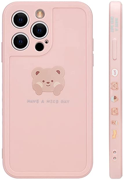 Ownest Compatible with iPhone 13 Pro Case Cute Painted Design Brown Bear with Cheeks for Women Girls Fashion Slim Soft Flexible TPU Rubber for iPhone 13 Pro-Pink