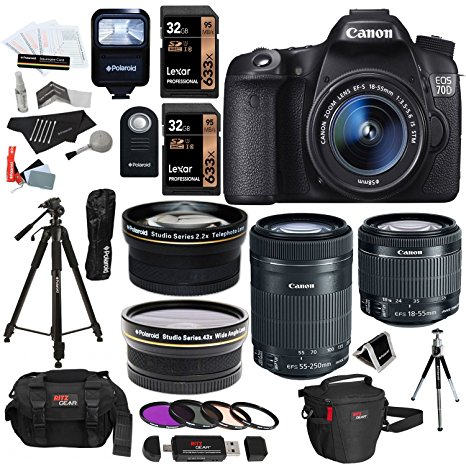 Canon EOS 70D 20.2 MP SLR Camera Bundle with EF-S 18-55mm f/3.5-5.6 mm STM Lens, 55-250 mm f/4-5.6 Image Stabilizer Zoom Lens, Wide Angle Telephoto Lens and Accessories