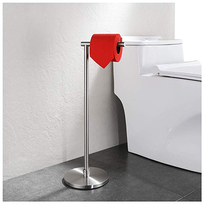 JQK Toilet Paper Holder Stand, Modern Bathroom Tissue Holder Free Standing, Hold Mega Rolls, 22.83 Inch Brushed Finish Round Base, TPHS100-BN