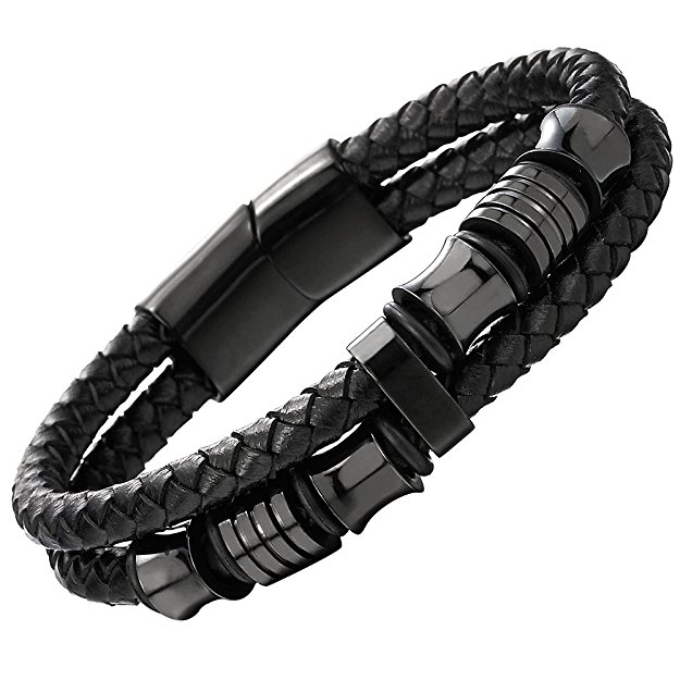 Mens Double-row Black Braided Leather Bracelet Bangle Wristband with Black Stainless Steel Ornaments