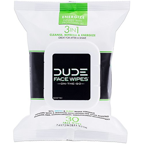 DUDE Face Wipes, Energizing & Refreshing Scent, Infused with Pro Vitamin B-5 (1 Pack, 30 Wipes per Pack)