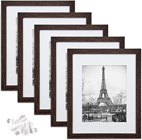 upsimples 11x14 Picture Frame Set of 5,Display Pictures 8x10 with Mat or 11x14 Without Mat,Wall Gallery Photo Frames,Dark Brown Woodgrain