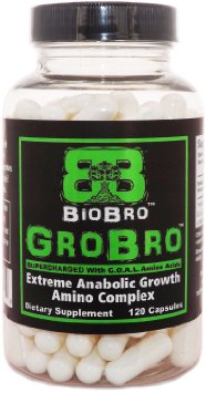 BioBro - GroBro Extreme Anabolic Growth Amino Acid Complex 120 Capsules - With GOAL Amino Acids L-Glycine L-Ornithine L-Arginine L-Lysine and Citrulline Malate Combination Pill Blend - Nitric Oxide Boosters for Men and Women - Best Bodybuilding Supplements