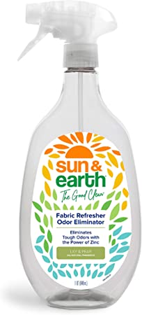 Odor Eliminator & Fabric Refresher Spray with Zinc by Sun & Earth, Lily & Pear All Natural Fragrance, Eliminates Tough Odors Naturally with the Power of Zinc, Made in the USA, 32 oz