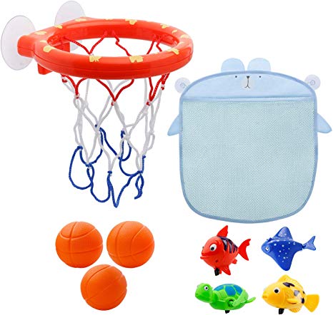Bath Toys Organizer Fun Basketball Hoop Balls Playset for Little Boys Bathtub Game for Kids & Toddlers | Suctions Cups That Stick to Any Flat Surface   3 Balls Included   Bath Toy Organizer   Fishes