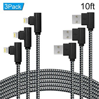 ANSEIP Right Angle Lightning Cable 3Pack 90 Degree iPhone Charger Cord Nylon Braided Data Cable Transfer and Charging for Apple iPhone X/8/7/6/5 iPad (Black Grey, 10FT)