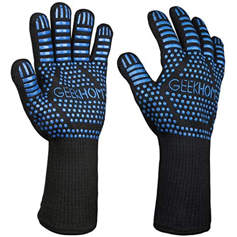 GEEKHOM BBQ Cooking Grill Gloves, 14" Extreme Heat Resistant Kitchen Gloves, Protection up to 932℉, Flexible Safe Oven Mitts for Grilling, Cooking - Blue