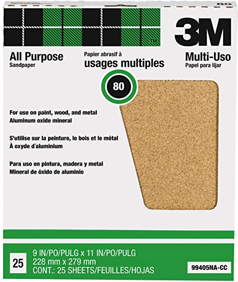 3M 99405NA Pro-Pak Aluminum Oxide Sheets for Paint and Rust Removal, 80-Grit, 9-Inch by 11-Inch, 25-Pack