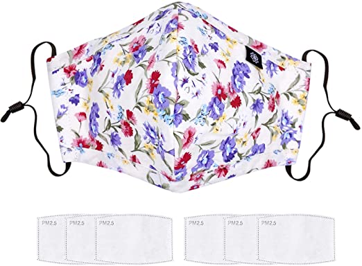 Cotton Mouth Cover with Filter Pocket - Reusable Washable Cotton Comfy Breathable Material with 6 Filters (White Flowers)