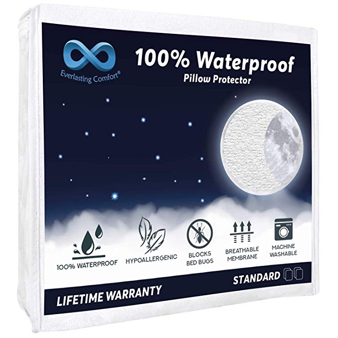 Everlasting Comfort 4-Pack Standard Size 100% Waterproof Pillow Protector - Hypoallergenic Pillow Covers - Breathable Membrane - Lifetime Replacement Guarantee