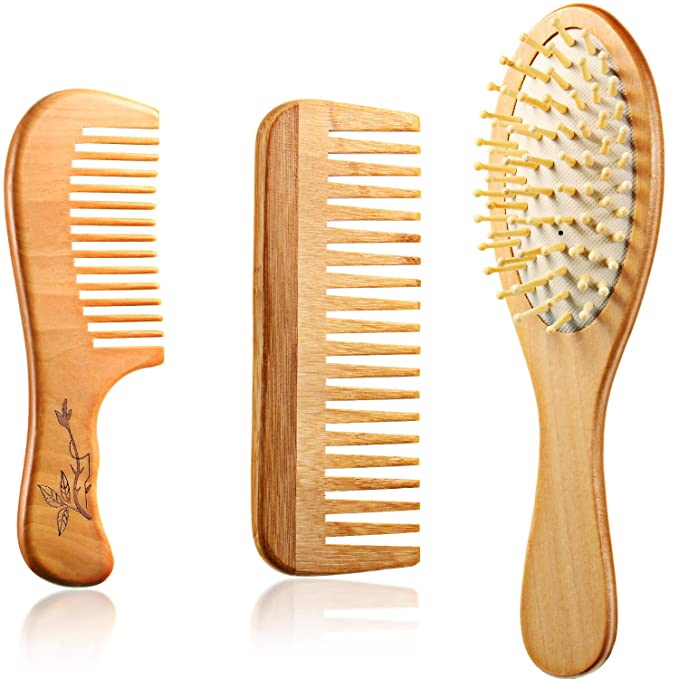 3 Pieces Wooden Detangling Comb Set Wooden Wide Tooth Comb No Static Wooden Bamboo Paddle Hair Brush Scalp Comb Sandalwood Hair Comb for Curly Hair Dry Wet