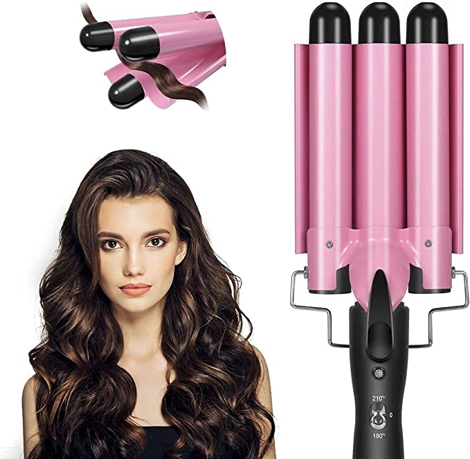 Hair Curling Iron, 3 Barrel Curling Iron Wand 1 Inch Crimper Hair Iron 25mm Waver Iron Temperature Adjustable Heat Up Quickly Last Long Mermaid Hair Waver Iron Pink