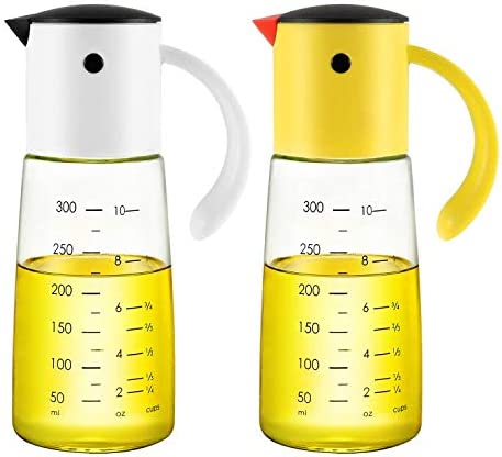 Olive Oil Dispenser Bottle for Kitchen Cooking - Auto Flip Condiment Container With Automatic Cap and Stopper - Leakproof Vinegar Glass Cruet Stainless Steel Non-Drip Spout (white and yellow)