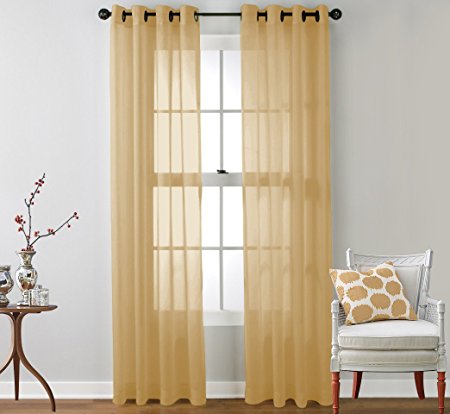 HLC.ME 2 Piece Sheer Window Curtain Grommet Panels (Gold) - 84" Inch Long