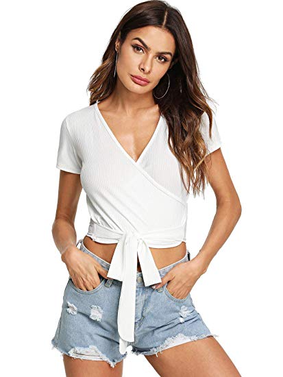 ROMWE Women's Sexy Deep V Neck Surplice Knot Front Wrap Tee Short Sleeve Solid Crop Top