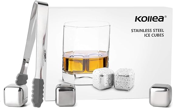 Kollea Stainless Steel Reusable Ice Cubes Chilling Stones with Tongs for Whiskey Wine (Pack of 6)