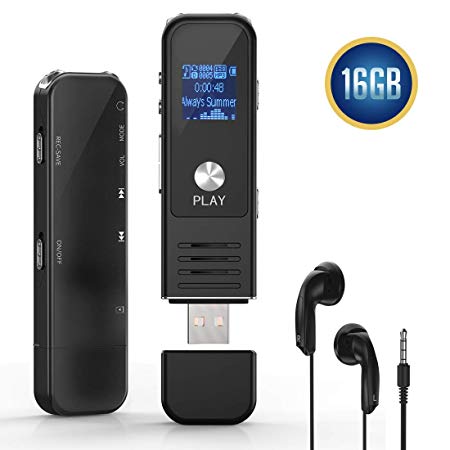 Digital Voice Activated Recorder,Lamyik 16GB Sound Audio Recorder with Playback,Handheld Portable HD USB Rechargeable Digital Recorder with Double Microphone Support TF Card for Lectures, Meetings