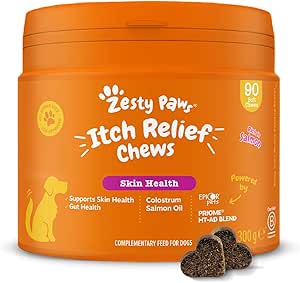 Zesty Paws Itchy Dog Skin Relief | Itching or sensitive skin | Hypoallergenic dog allergy relief | Anti Itch and Allergy Relief for Dogs | Dogs who scratch, itch & lick | Omega 3 Fatty Acids | 90 Pcs