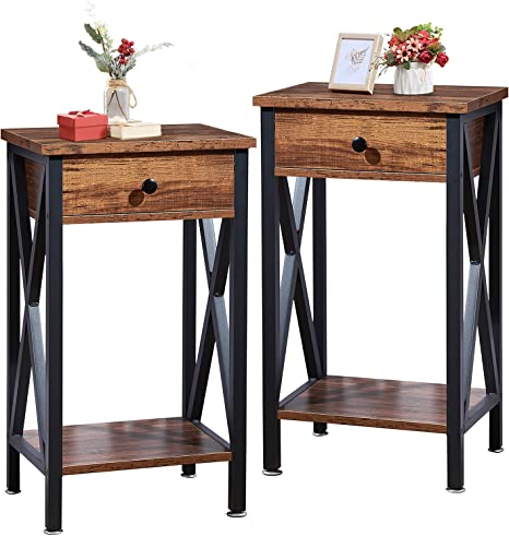 VECELO Modern Nightstands X-Design Side End Table Tall Night Stand Storage Shelf with Bin Drawer for Living Room Bedroom,Lounge,Set of 2, Brown