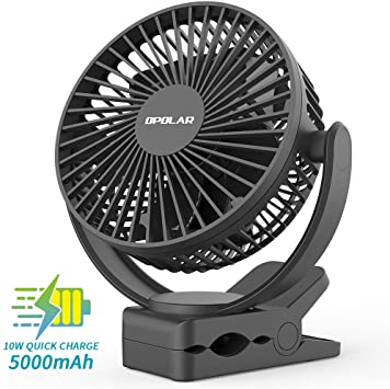 OPOLAR 5000mAh Rechargeable Clip On Fan, Upgrade Quiet and Stronger Airflow 10W Fast Charge Desk Clip Fan, 3 Speed, Strong Clamp Portable Personal Fan for Baby Stroller, Treadmill, Golf, Car Seat