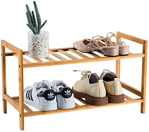 ZHU CHUANG 2-Tier Small Bamboo Stackable Shoe Rack for Entryway, Hallway, Bedroom and Closet (2-Tire Natural)