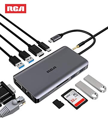 RCA USB C Hub, 11 in 1 USB C Adapter with 4K HDMI, 1080P VGA, Gigabit Ethernet, USB C PD Power Delivery, USB 3.0, USB 2.0, SD&TF Card Reader, Audio Jack for MacBook Pro and Other Type C Devices