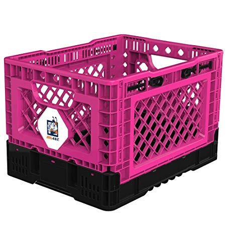 BIGANT Heavy Duty Collapsible & Stackable Plastic Milk Crate - IP403026, 26 Quarts, Small Size, Pink, Set of 1, Absolute Snap Lock Foldable Industrial Storage Bin Container Utility Basket