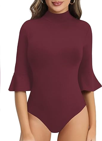 MANGOPOP Bell Sleeve Mock Neck Long Sleeve Short Sleeve Bodysuit for Going Out Tops for Women