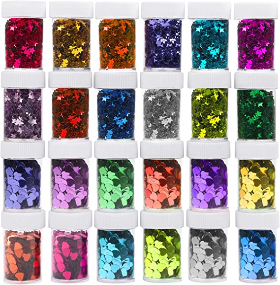 Kurtzy Heart & Star Sequin Pots (24 Pack) - Sparkling Colorful Confetti Glitter Jars - Sequins for Slime, Scrapbooking, Parties, Nail Art, School Projects, Festival Face Art, Cosmetics, Crafts