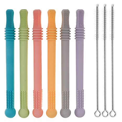 Hollow Teether Tubes（6Pack）CAMTOA Chew Straw Toy for Toddlers Silicone Teething Toys for Babies 3-12 Months BPA Free/ Freezable/ Dishwasher and Refrigerator Safe（Macaron Color）