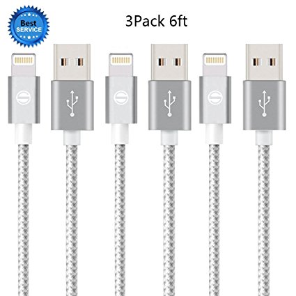 iPhone Cable SGIN, 3Pack 6FT Nylon Braided Cord Lightning Cable Certified to USB Charging Charger for iPhone 7,7 Plus,6S,6,SE,5S,5,iPad,iPod Nano 7 - Silver Grey