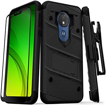 ZIZO Bolt Series Moto g7 Supra Case Military Grade Drop Tested with Full Glass Screen Protector Holster Kickstand g7 Power Black Black