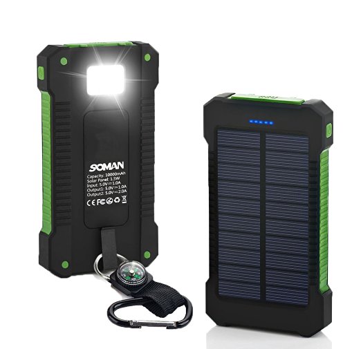 Solar Charger,SOMAN® Portable Solar Panel Charger 10000mAh Solar Banks Power Dual Solar Charger USB Port Solar Cell Phone Charger Rain-Resistant Dust-Proof and Shockproof (green)