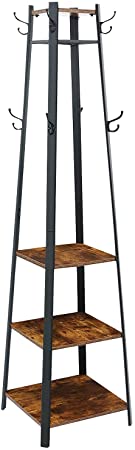 KINGSO Coat Rack Stand 3 in 1 Entryway Hall Tree with Storage Shelves Free Standing Coat Stand with 8 Dual Hooks Industrial Wood Furniture with Stable Steel Frame Easy Assembly, Rustic Brown