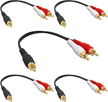 Cmple - [5 Pack] Cmple - 1 RCA Male to 2 RCA Male Stereo Audio Y-Cable, 2 RCA Plugs to 1 RCA Plug Audio Stereo Subwoofer Cable, Gold Plated RCA Cord - 8 Inches
