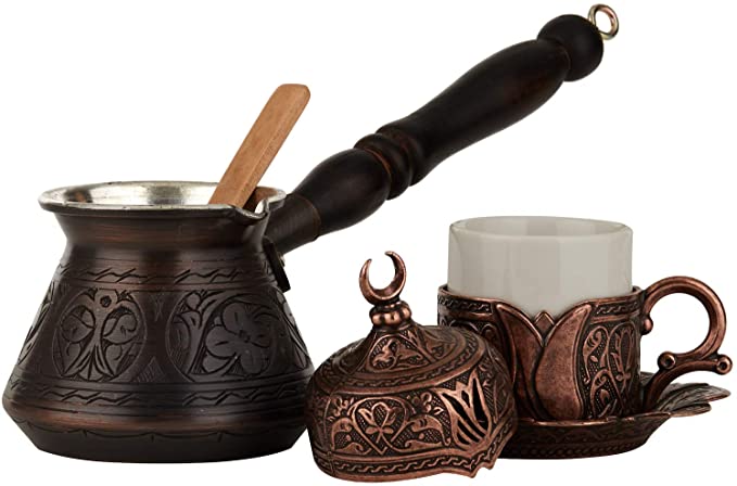 DEMMEX 6 Pcs Turkish Greek Coffee Set for 1 with Engraved Copper Pot and Heavy Duty Cup Saucer Lid and Spoon (Antique Copper)