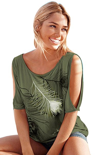 ELFIN®Women's O Neck Feather Print Shirt Casual Cutout Sleeve Top Blouse