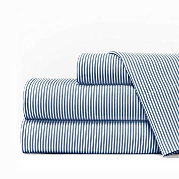 Egyptian Luxury 1600 Series Hotel Collection Pinstripe Pattern Bed Sheet Set - Deep Pockets, Wrinkle and Fade Resistant, Hypoallergenic Sheet and Pillowcase Set - Full - Navy/White