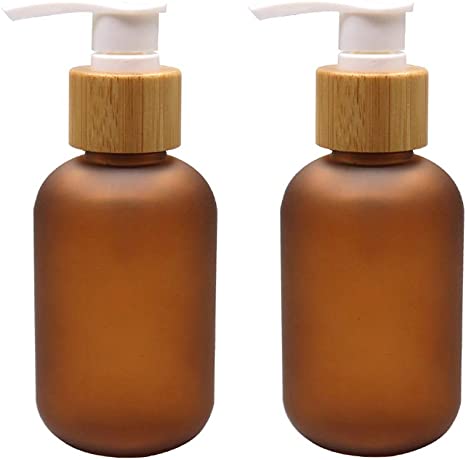 2 Pcs 4oz/120ml Amber Plastic Pump Bottles with Bamboo Pump Dispensers Empty Refillable Lotion Pump Cosmetic Storage Container Jars for Shampoo Shower Gel Toiletries Hair-Conditioner