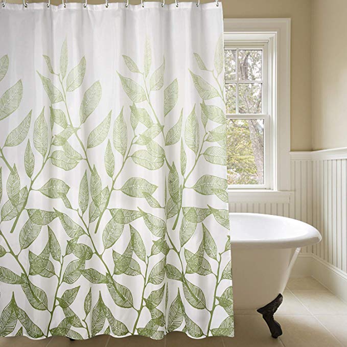 Mildew Resistant Fabric Shower Curtain Leaves Decorations Bathroom Curtains 100% Waterproof & Antibacterial, Machine Washable, 70.8 x 70.8 Inch (Green)