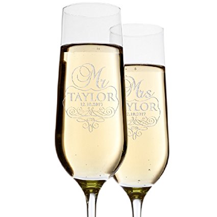 2PK Personalized Wedding Champagne Flutes Custom Engraved Toasting Glasses