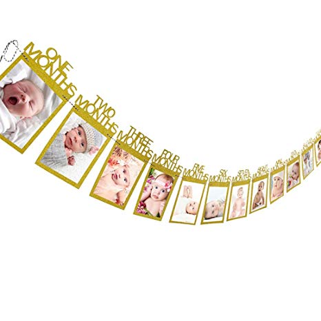 Cocal Kids Birthday Gift Decorations 1-12 Month Photo Banner Monthly Photo Wall (Gold)