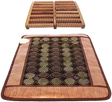 GemsMat - Henri- Far Infrared 4 Amethyst, 25 Jade, 26 Tourmaline Bead Heat Stone Mat (32"L x 20"W) -Dual Wood Foot Massager Roller Combo- FIR Therapy -FDA Registered Manufacturer - Heating Pad